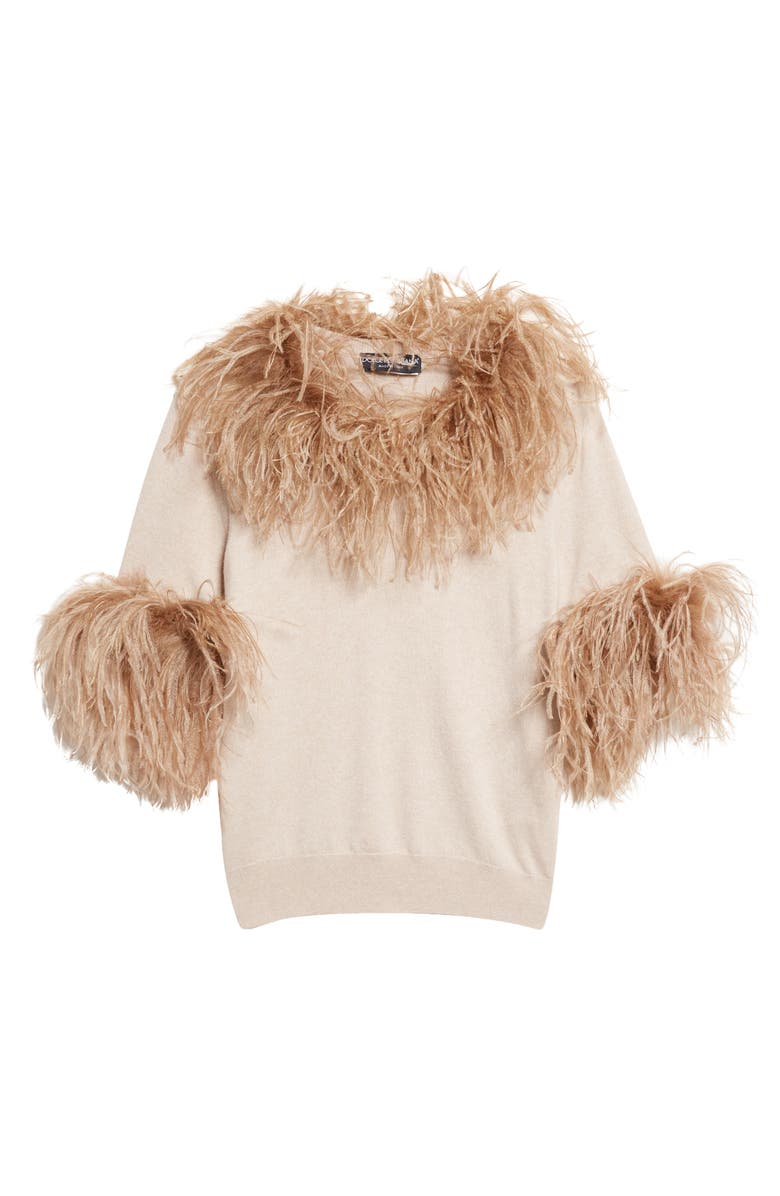 Dolce&Gabbana Feather Trim Short Sleeve Cashmere Sweater, Main, color, Beige