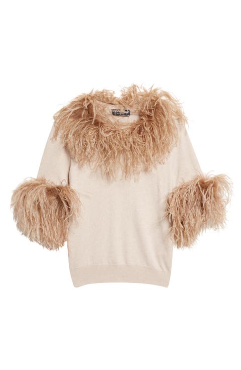 Feather Trim Short Sleeve Cashmere Sweater