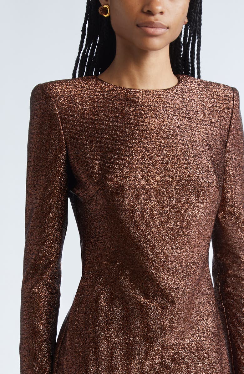 Oscar de la Renta Long Sleeve Metallic Knit Cocktail Dress, Alternate, color, Espresso