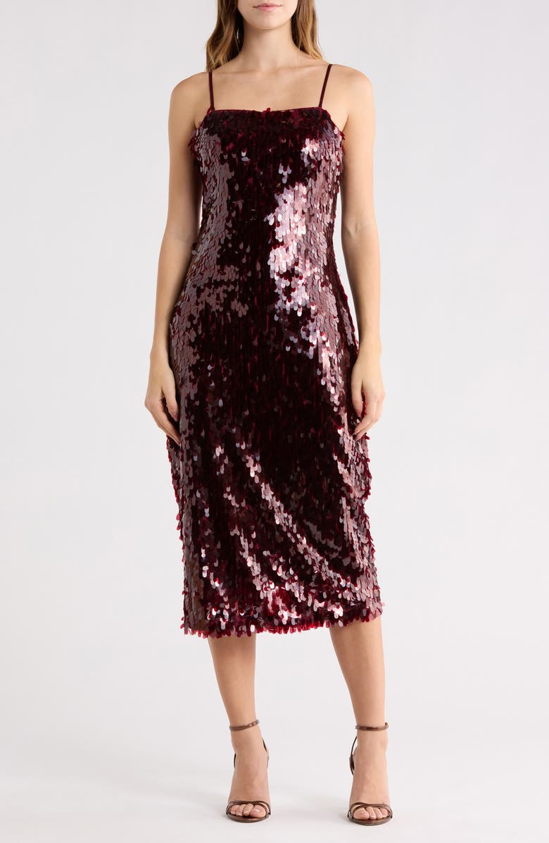 Avec Les Filles Sequin Midi Dress, Main, color, Burgundy