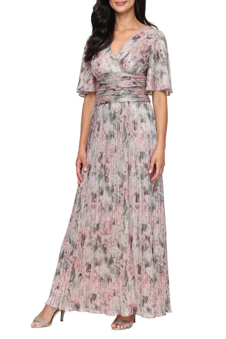 Bodre Metallic Floral Print Gown, Main, color, BEIGE MULTI