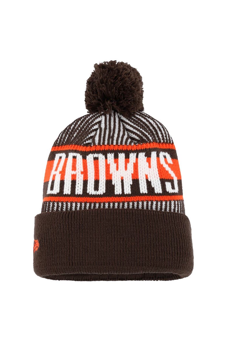 Youth New Era Brown Cleveland Browns Striped  Cuffed Knit Hat with Pom, Alternate, color, Brown