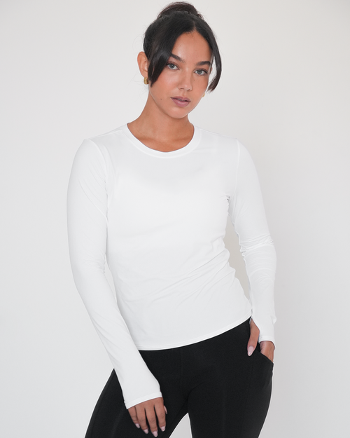 Rebody Active Raya Mid Length Compression Nylon Long Sleeve Top In White