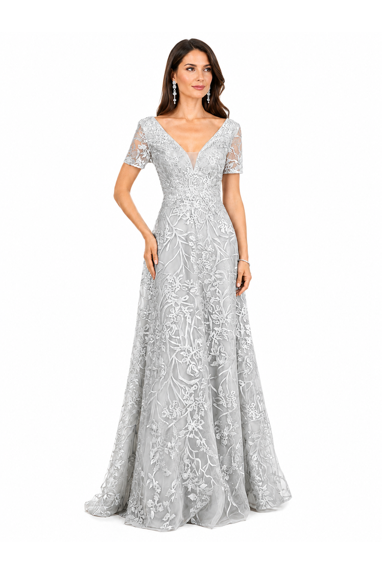 Short Sleeve Lace A-Line Dress with V-Neckline, Alternate, color, Dusty Blue/Green