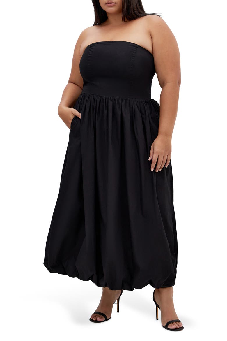 Alina Strapless Bubble Hem Maxi Dress, Main, color, BLACK