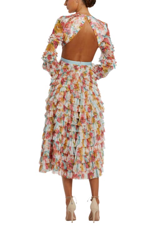 Mac Duggal Long Sleeve Tiered Ruffle Cutout Criss Cross Dress In White Multi
