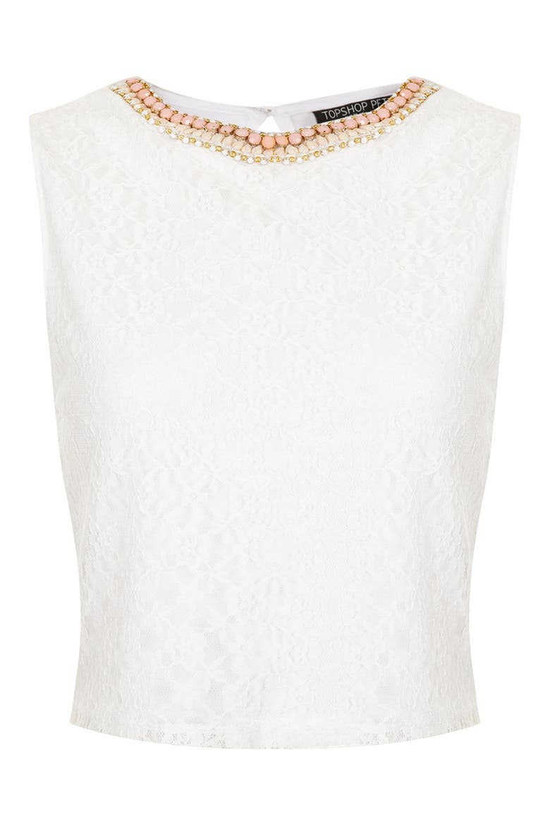 Embellished Neck Crop Top, Alternate, color, WHITE