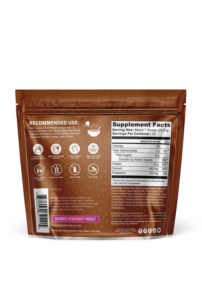 US Vita Bone Broth Collagen Mushroom 310g Pouch, Alternate, color, No Color