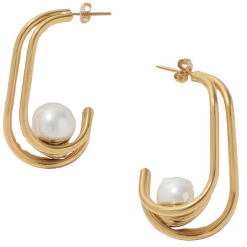 Thalia Waterproof Earring Shiny Faux Pearl at Center Dazzling