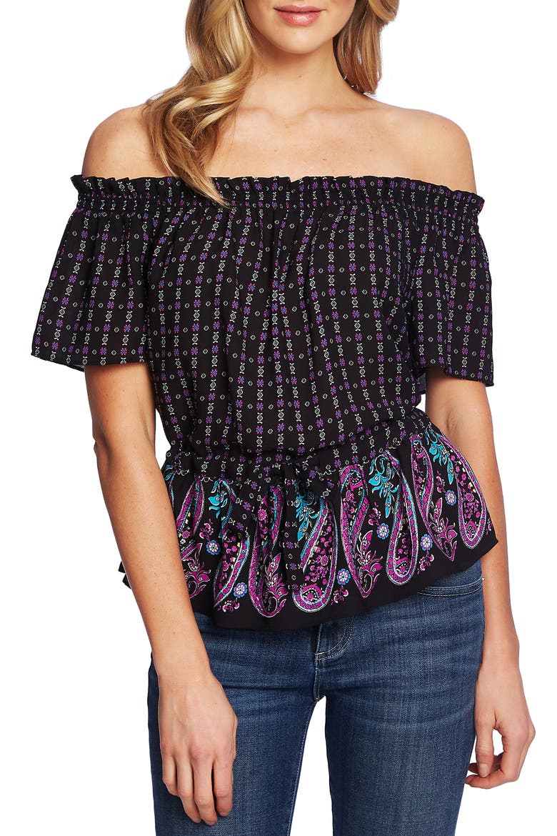 Off the Shoulder Mosaic Paisley Top, Main, color, RICH BLACK
