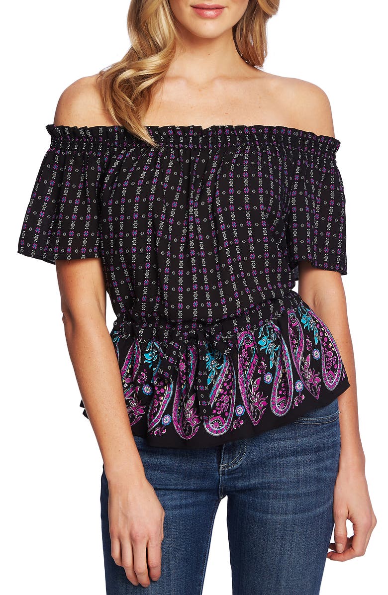 CeCe Off the Shoulder Mosaic Paisley Top, Main, color, 