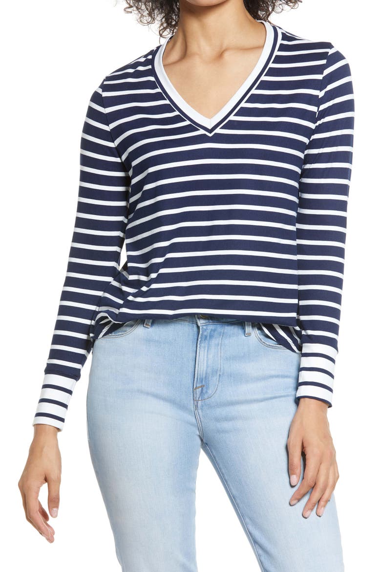 Stripe V-Neck Butter Top, Main, color, NAVY/ IVORY