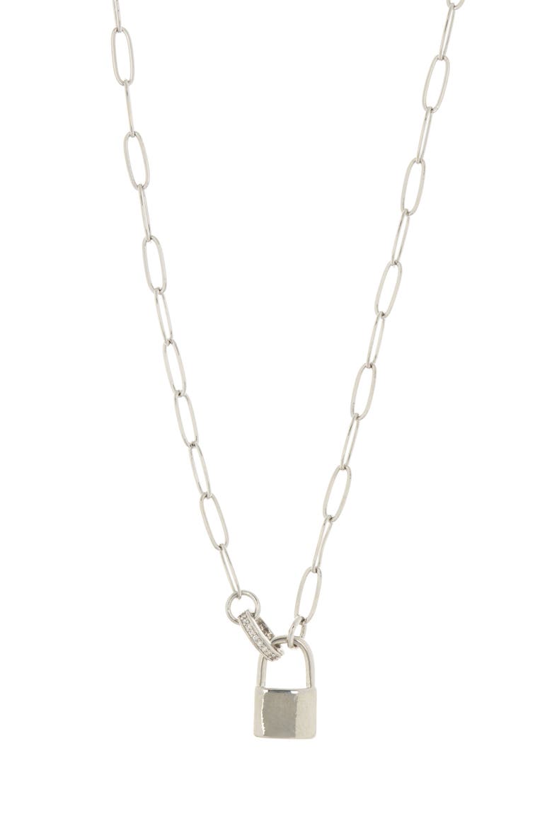18K Gold Plate CZ Padlock Necklace, Main, color, 18KT WHITE PLATED BRASS
