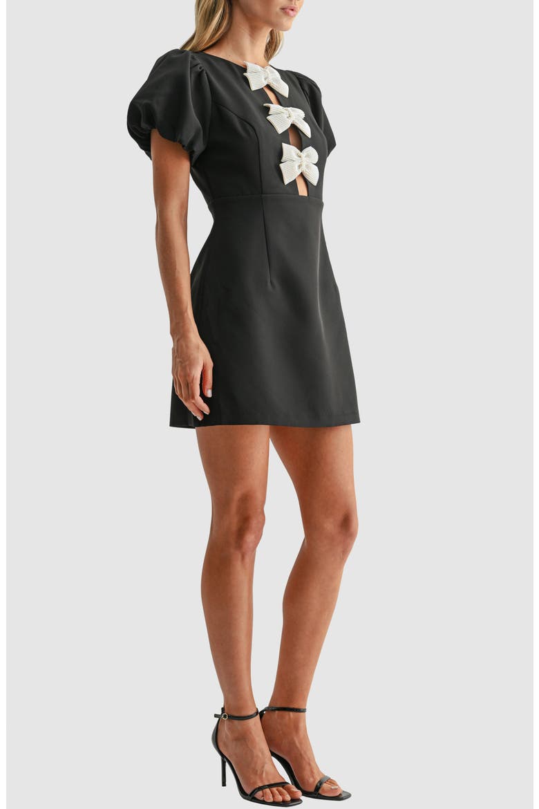 Puff Sleeve Bow Appliqué Minidress, Alternate, color, BLACK