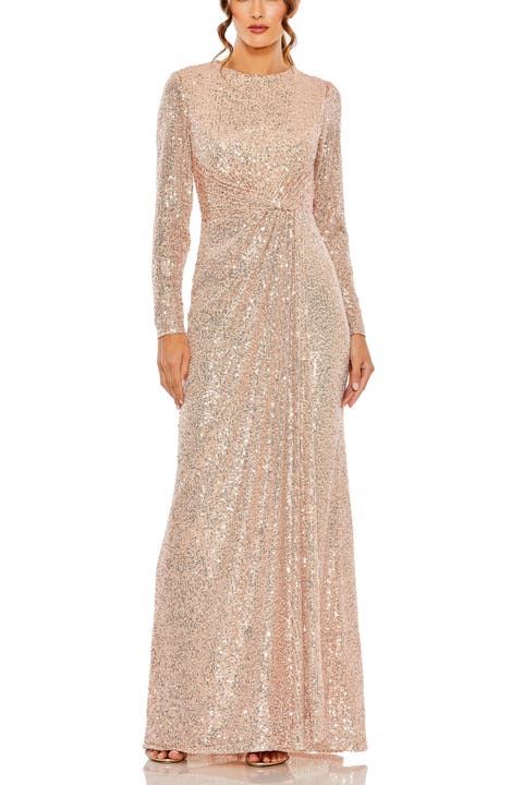 Sequin Long Sleeve High Neck Column Gown