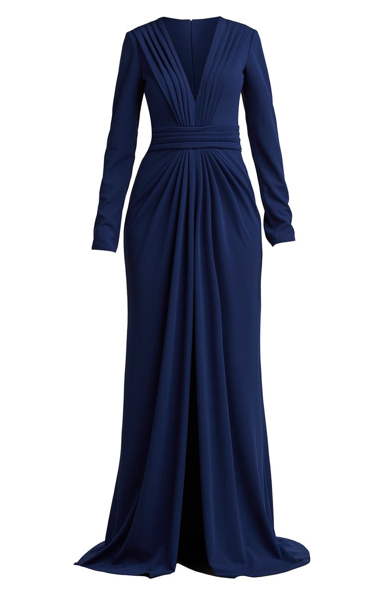 Tadashi Shoji Plunge Neck Long Sleeve Ruched Crepe Gown, Alternate, color, 