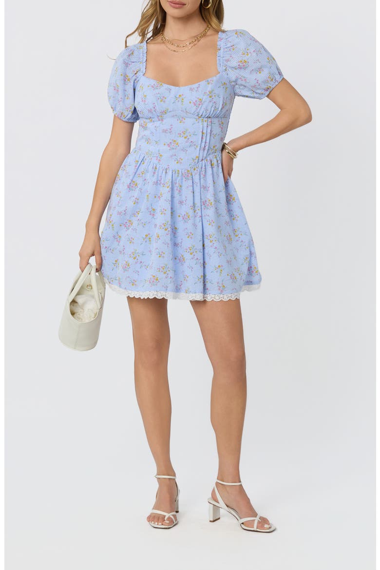 Ilianna Floral Border Print Minidress, Alternate, color, BLUE FLORAL GINGHAM