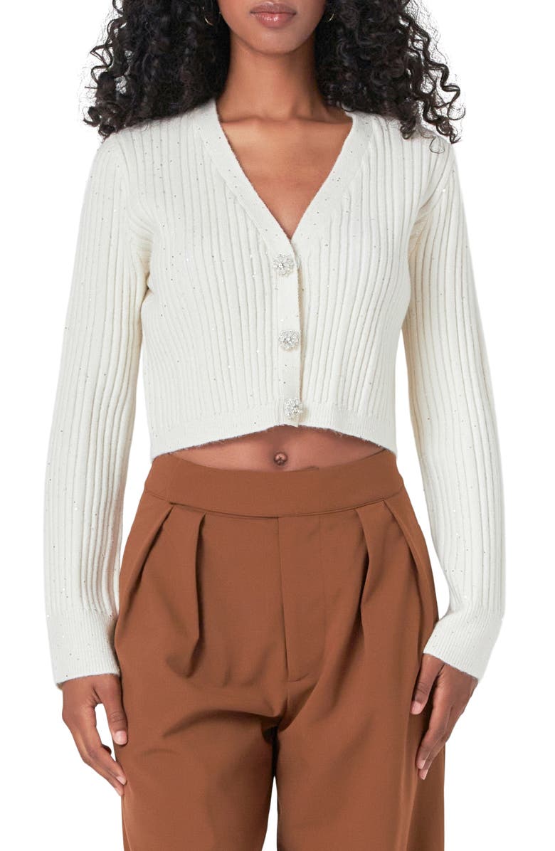 Endless Rose Sequin Embellished Crop Cardigan, Main, color, White