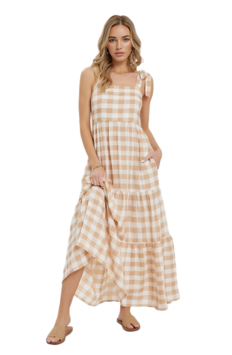 Knit and Lounge Gingham Tiered Maxi Dress with Tie Straps, Alternate, color, 