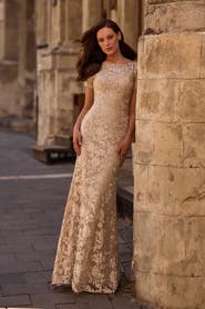 La Femme Beautiful Lace Mother of the Bride Dress with Short Sleeves