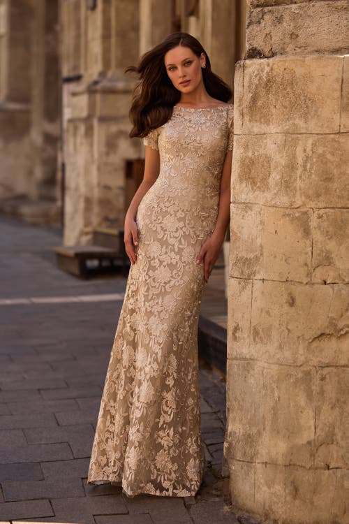 La Femme Beautiful Lace Mother Of The Bride Dress With Short Sleeves In Champagne