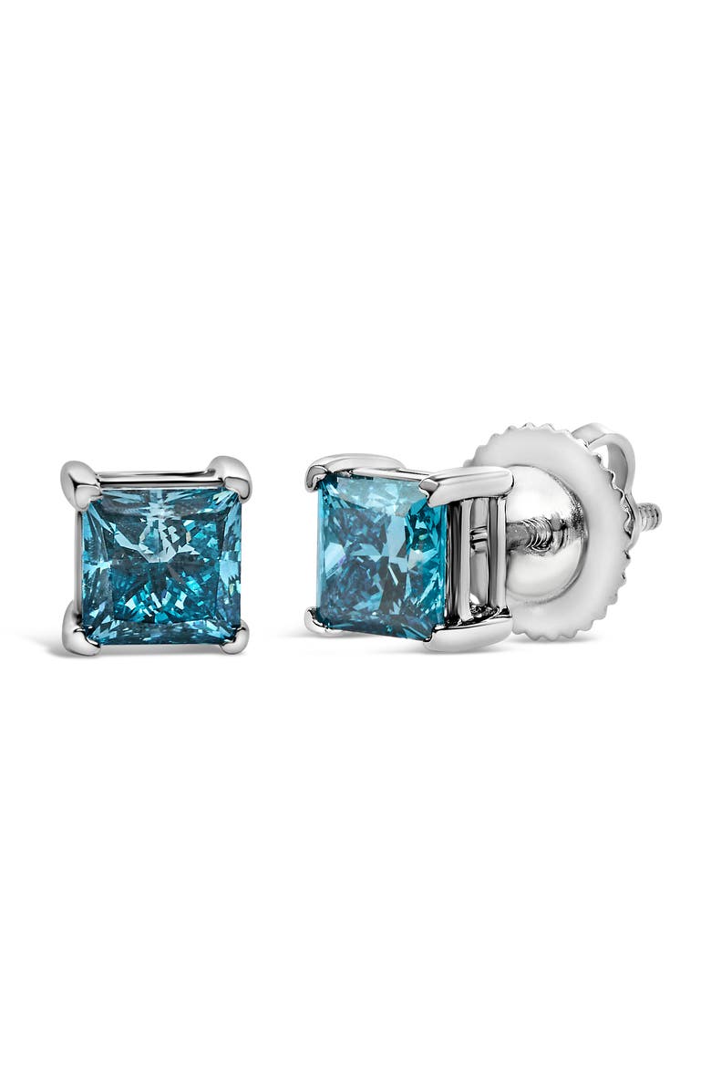 14K White Gold 1.0 Cttw Princess Cut Lab Grown Blue Diamond Solitaire Stud Earrings, Alternate, color, White Gold