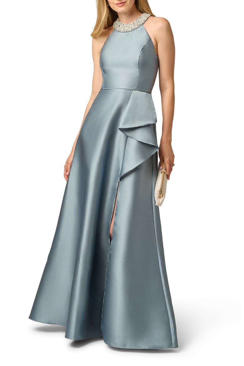 Embellished Neck Mikado Gown, Alternate, color, ICY OPALINE