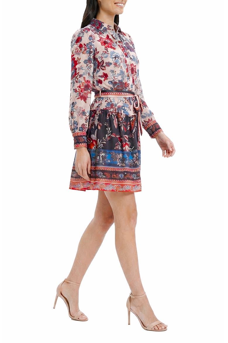 Print Tie Waist Long Sleeve Shirtdress, Alternate, color, CREAM/TURQ