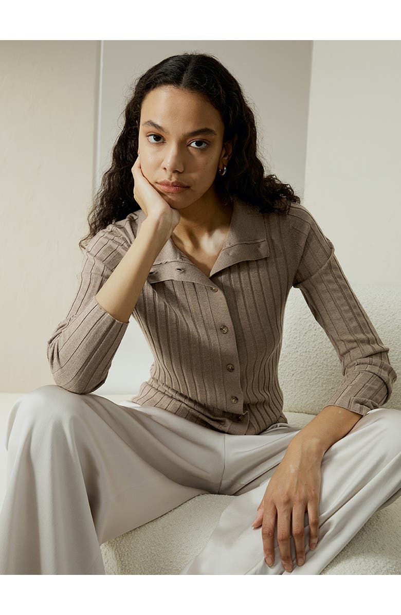 Lilysilk Ribbed Silk-Cashmere Blend Cardigan, Alternate, color, Brown