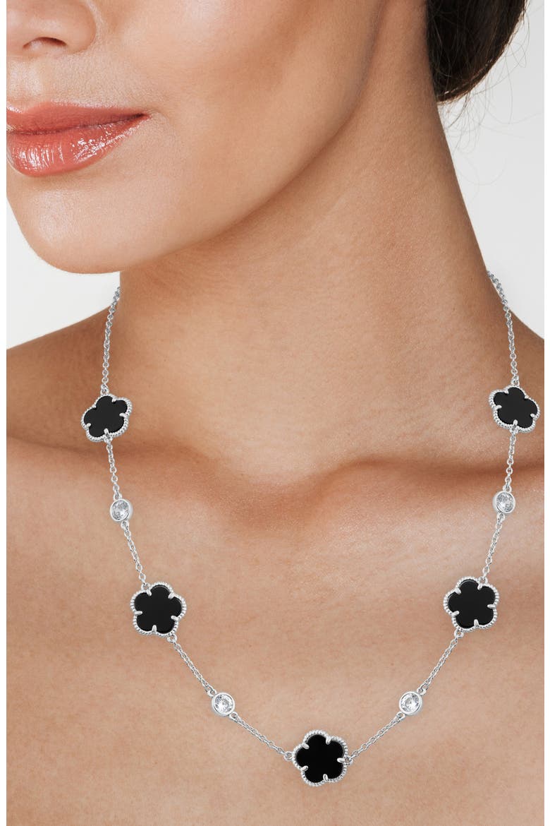 Cubic Zirconia & Onyx Clover Station Necklace, Alternate, color, BLACK/ SILVER
