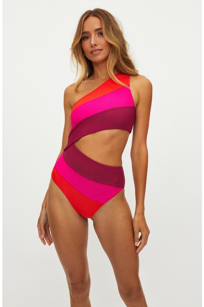 Joyce Cutout One-Shoulder One-Piece Swimsuit, Alternate, color, BE MINE COLOR BLOCK