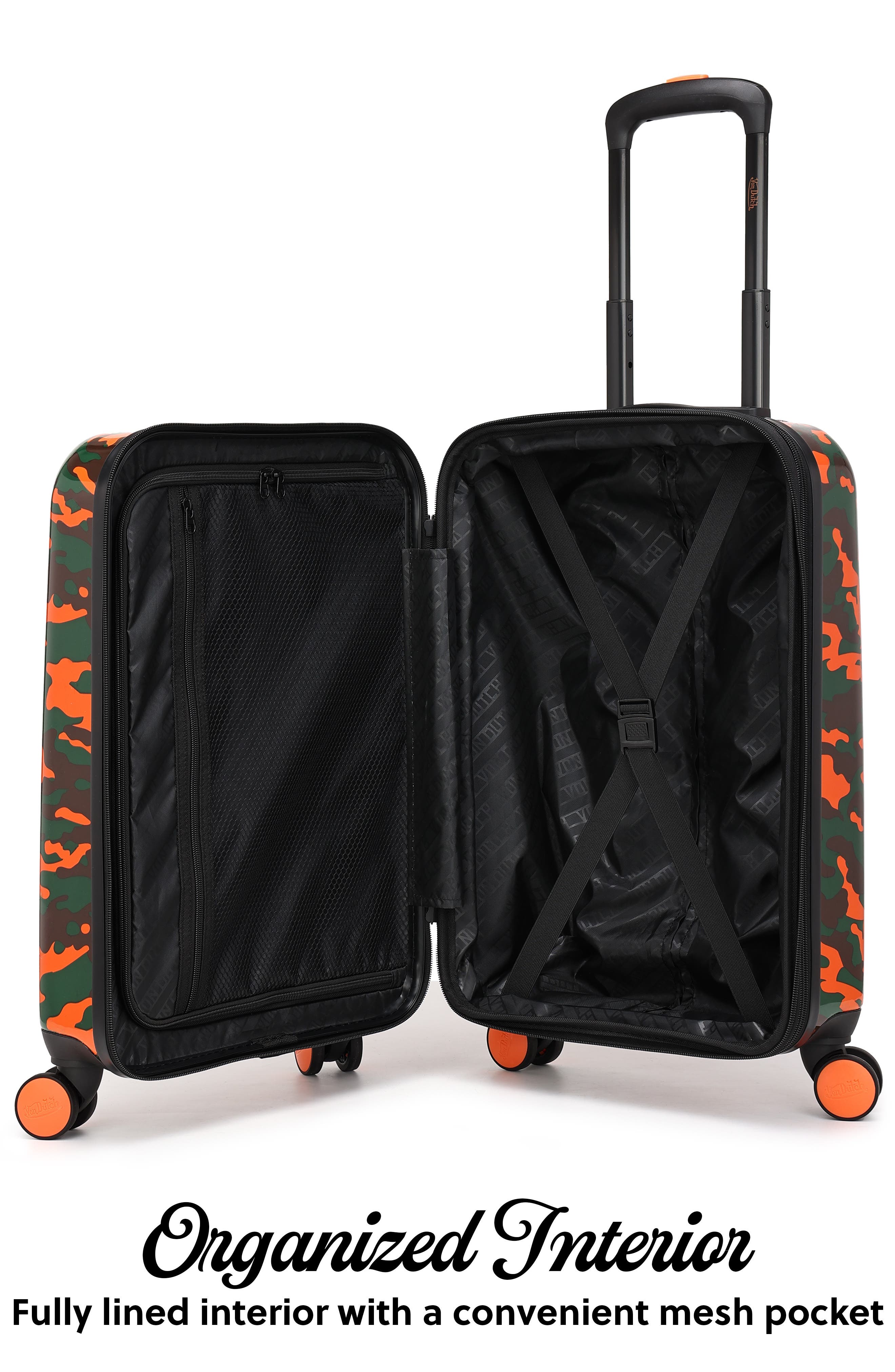 Von Dutch Orange Camo Expandable Hardside Spinner Carry-on Suitcase, Alternate, color, Orange Camo