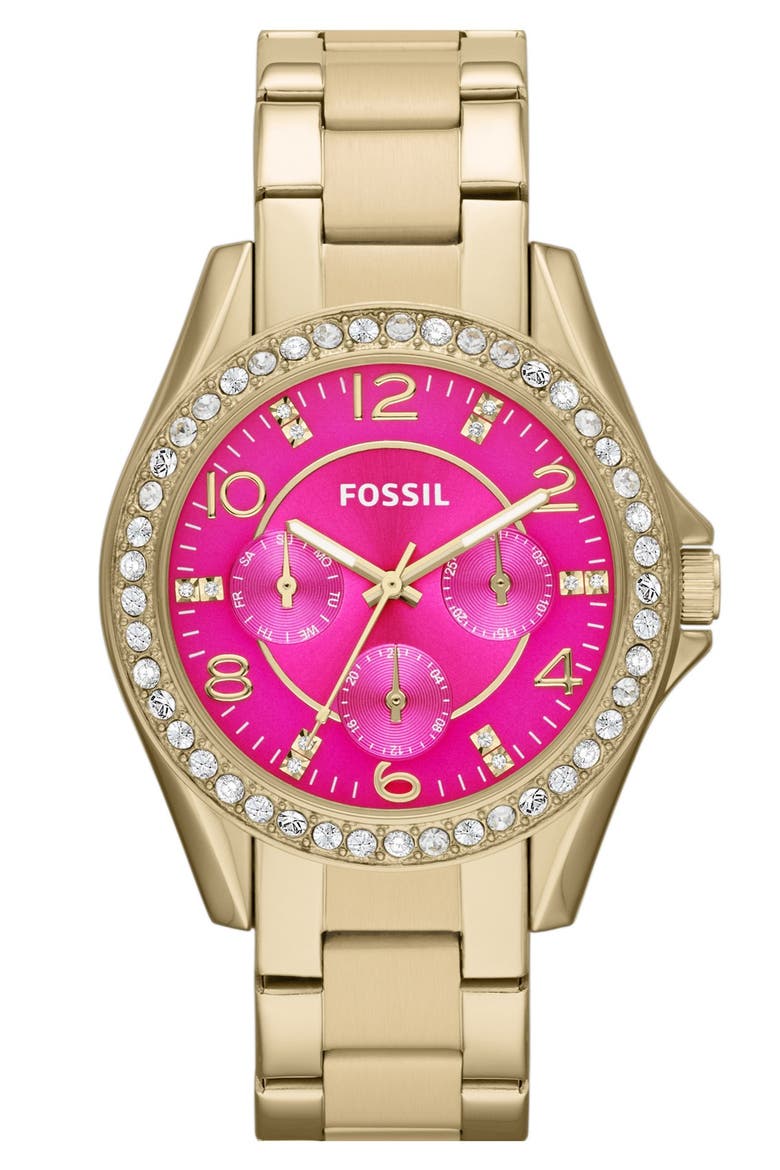 'Riley' Round Crystal Bezel Bracelet Watch, 38mm, Main, color, GOLD/ PINK