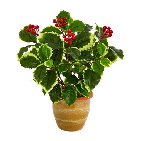14-in Variegated Holly Leaf Artificial Plant in Ceramic Planter (Real Touch)
