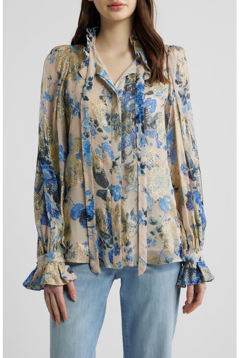 Josie Metallic Floral Ruffle Button-Up Shirt, Main, color, BLUE MULTI