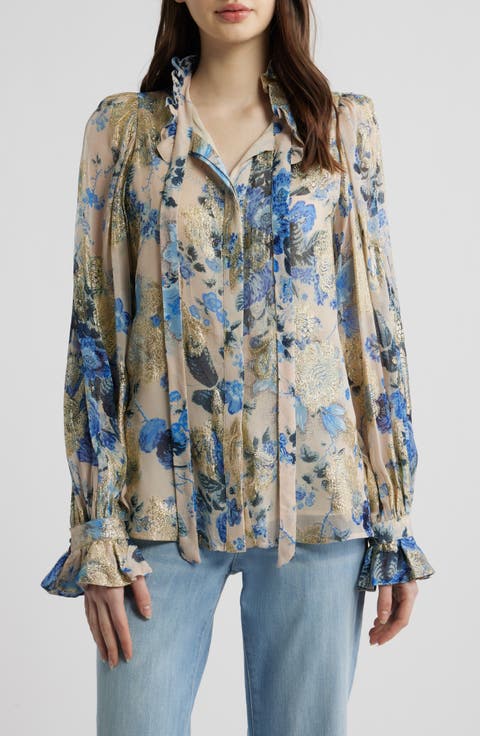 Josie Metallic Floral Ruffle Button-Up Shirt