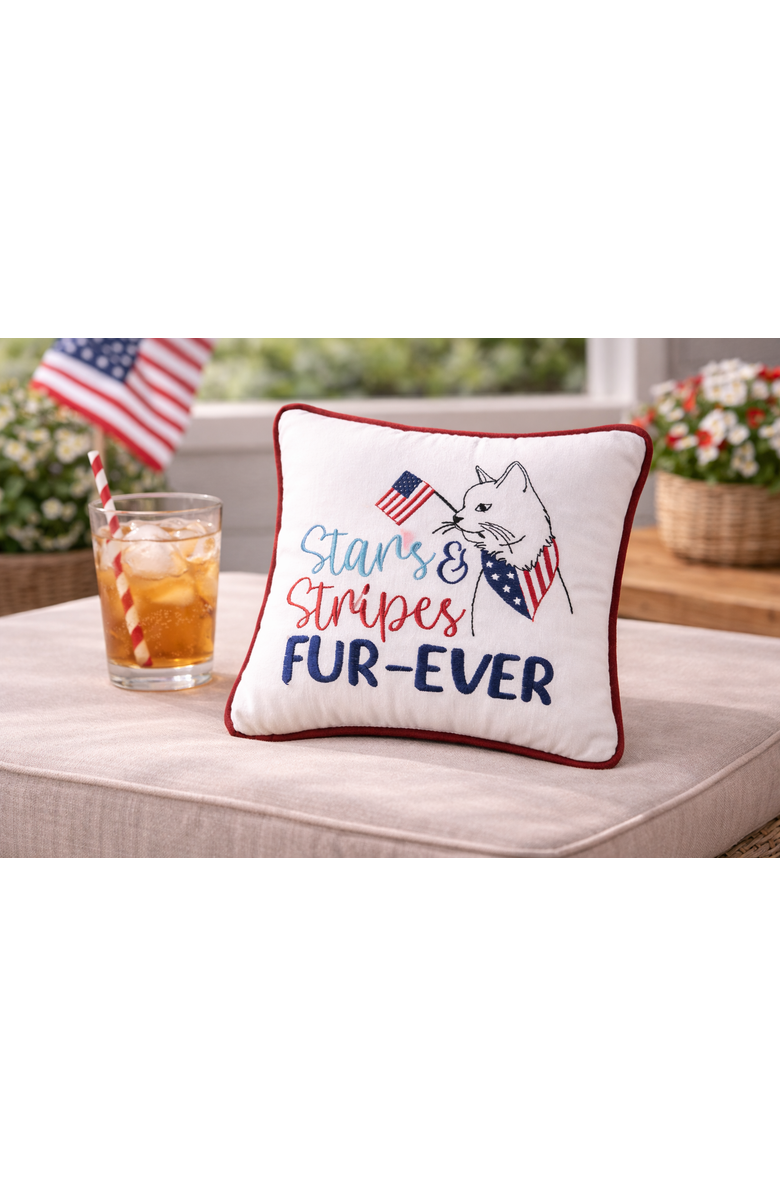 C&F Home Patriotic Stars & Stripes Fur-Ever Cat Mini Embroidered Accent Pillow, 10" x 10", Alternate, color, White