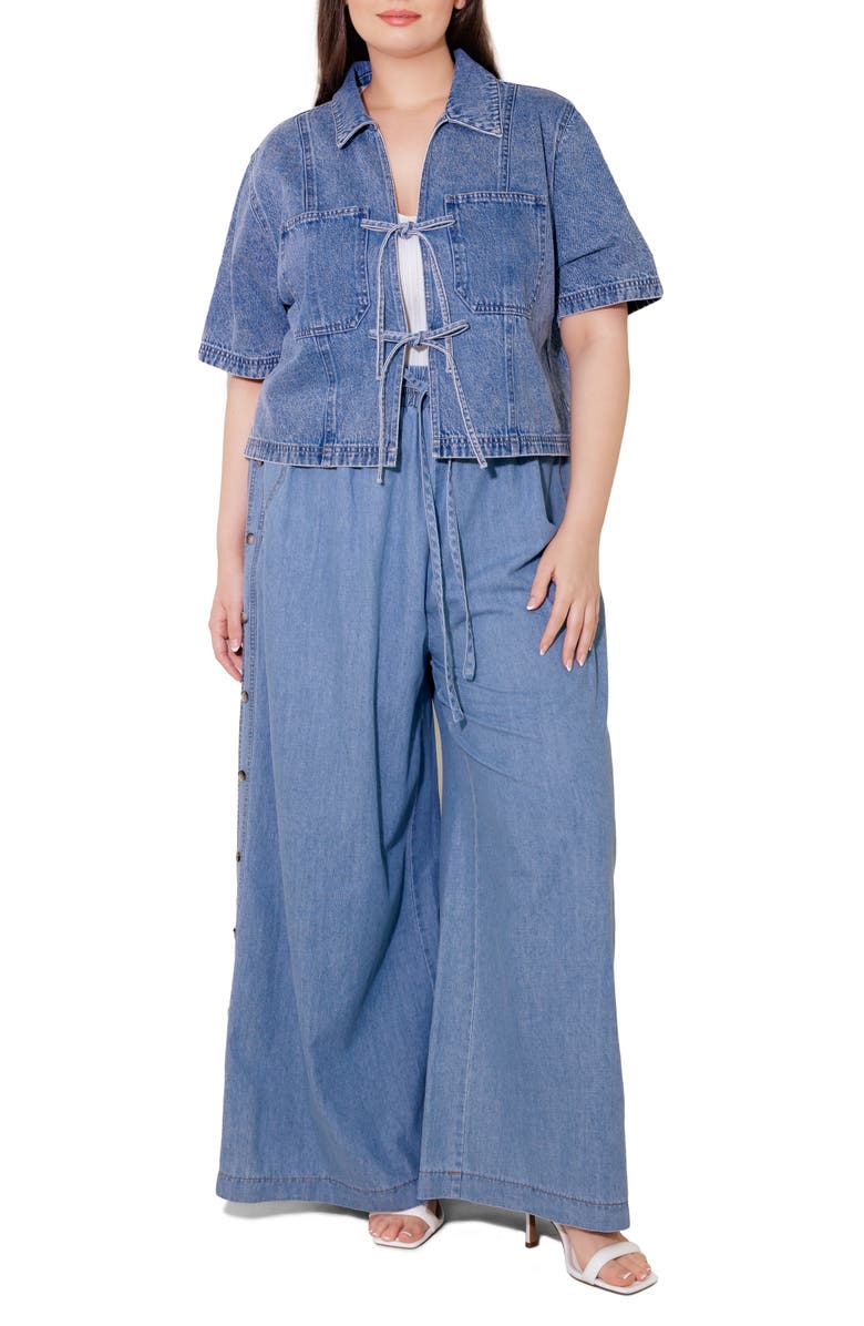 FLYING TOMATO Tie Front Short Sleeve Washed Denim Top, Alternate, color,