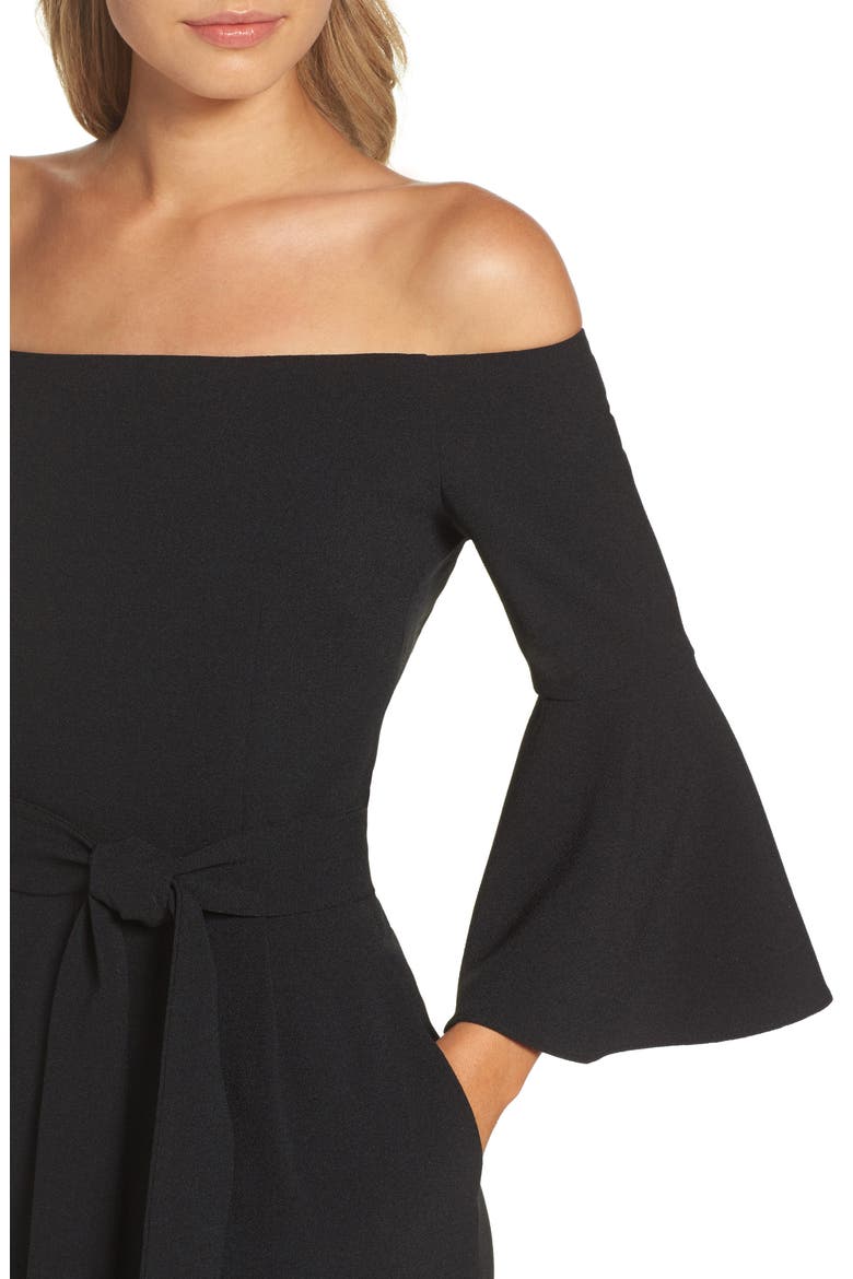 Off the Shoulder Bell Sleeve Slim Leg Jumpsuit, Alternate, color, BLACK