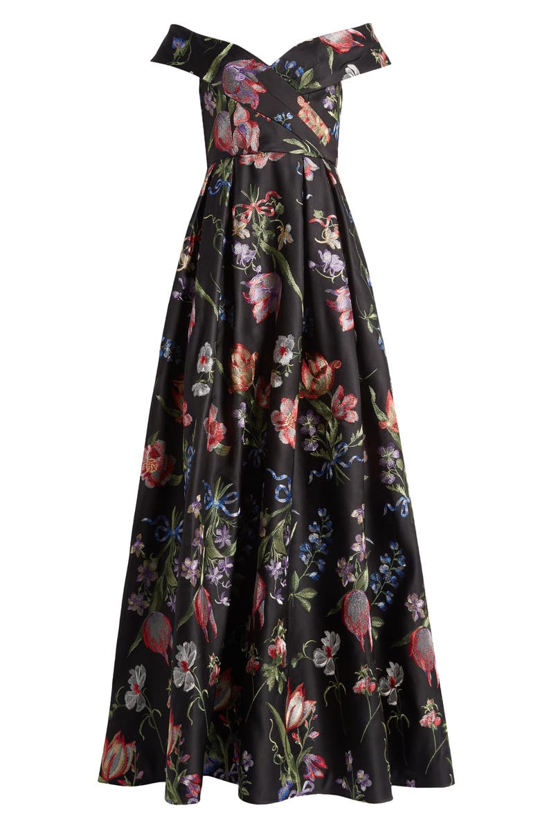 Marchesa Notte Floral Embroidered Off-the-Shoulder A-Line Gown, Main, color, 