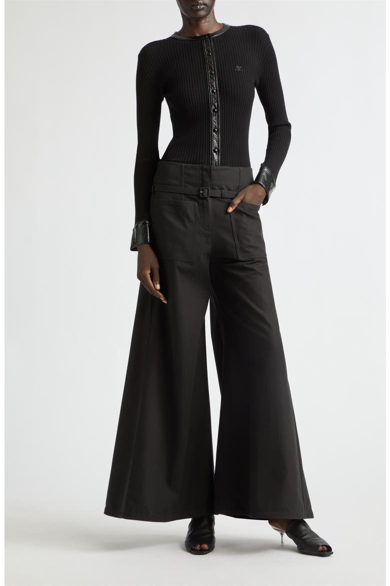 Vinyl Trim Ribbed Cardigan, Alternate, color, BLACK