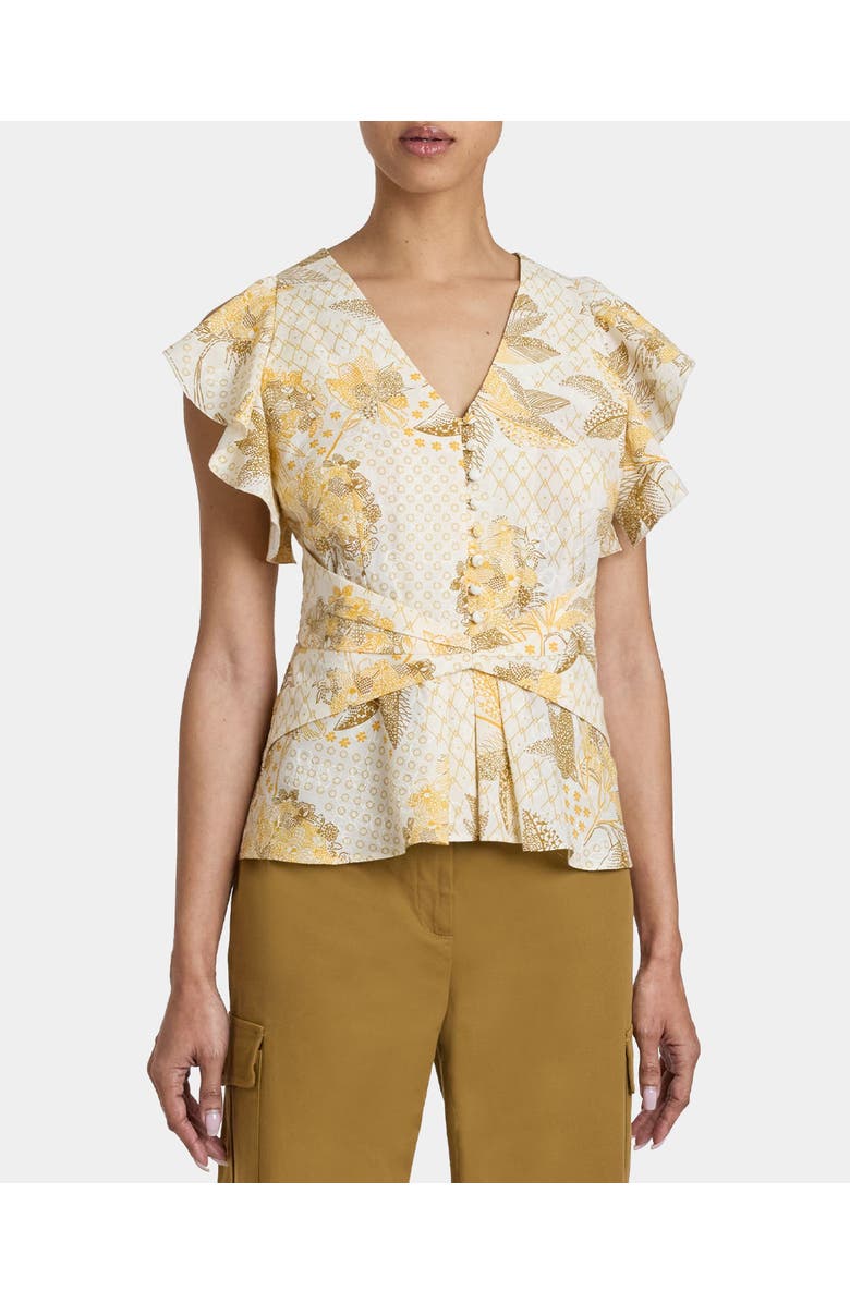Santorelli ELLA Flutter Sleeve Buttoned Blouse with Waist Panel in Floral Printed Cotton Cloque, Main, color, Chamomile