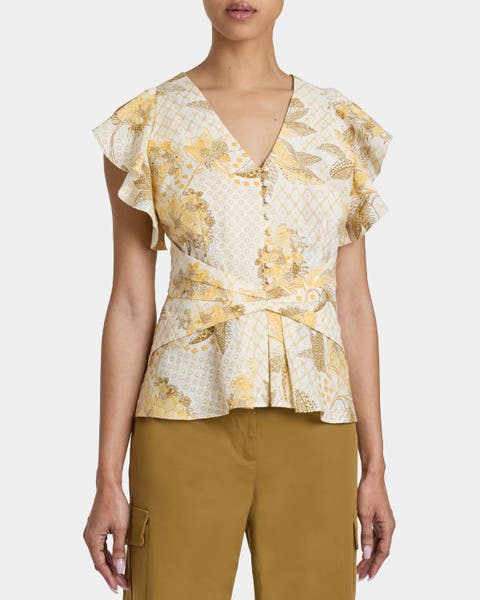 ELLA Flutter Sleeve Buttoned Blouse with Waist Panel in Floral Printed Cotton Cloque