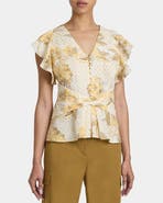 Santorelli ELLA Flutter Sleeve Buttoned Blouse with Waist Panel in Floral Printed Cotton Cloque