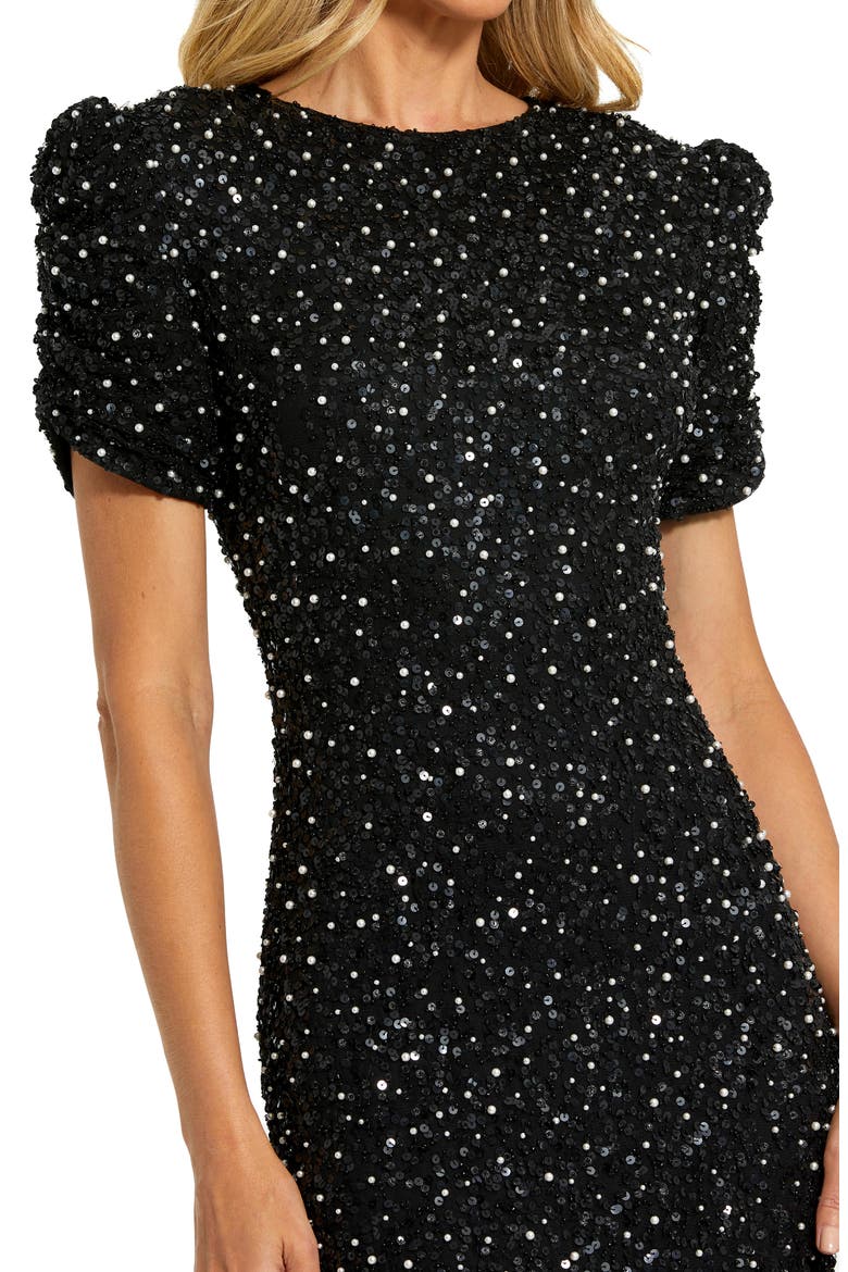 Women's Embellished Mesh High Neck Puff Sleeve Gown, Alternate, color, BLACK