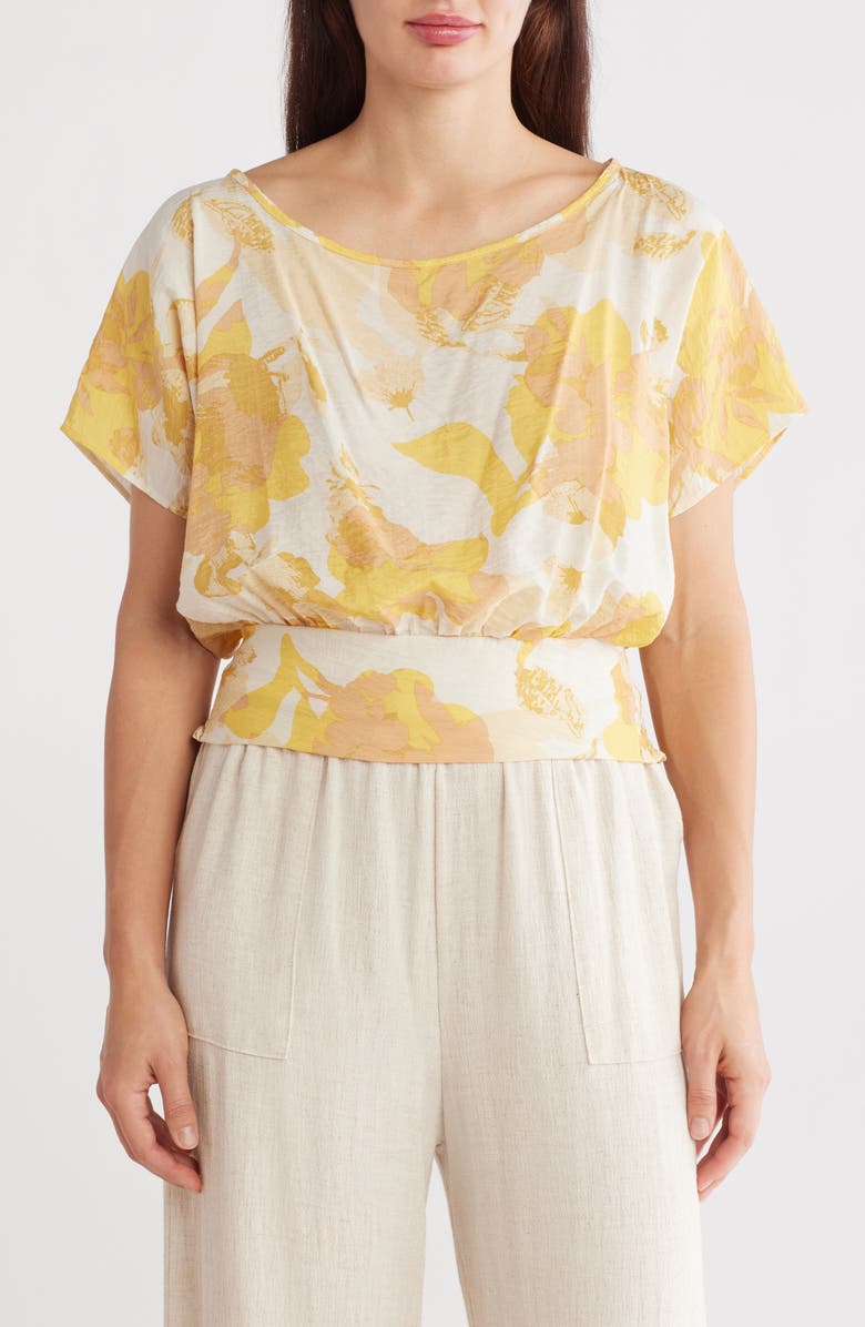 Renee C Floral Short Sleeve Smocked Hem Crop Top, Main, color, Taupe/ Yellow