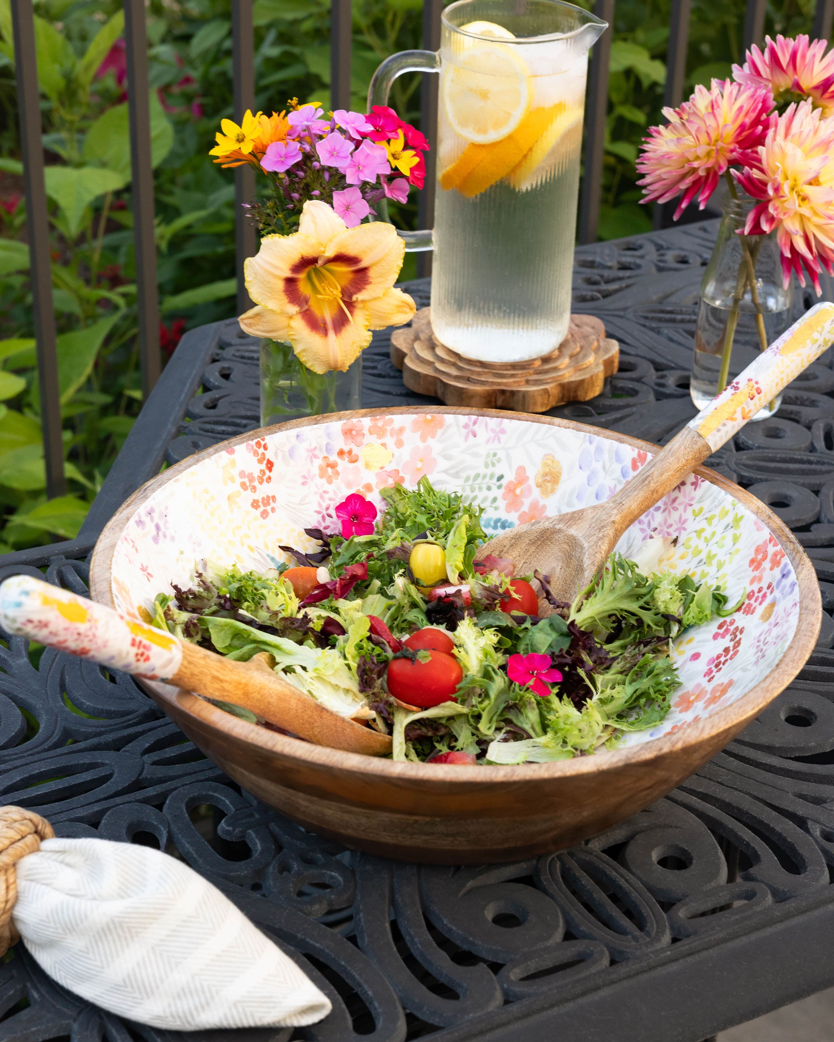 Jeanne Fitz Large Floral Gold Foil Bowl and Salad Servers Set