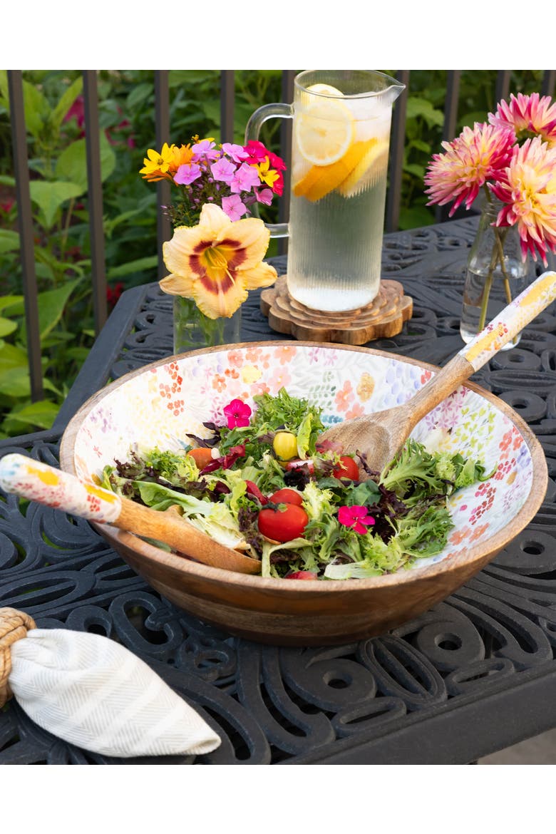 Large Floral Gold Foil Bowl and Salad Servers Set, Alternate, color, Multi and Brown