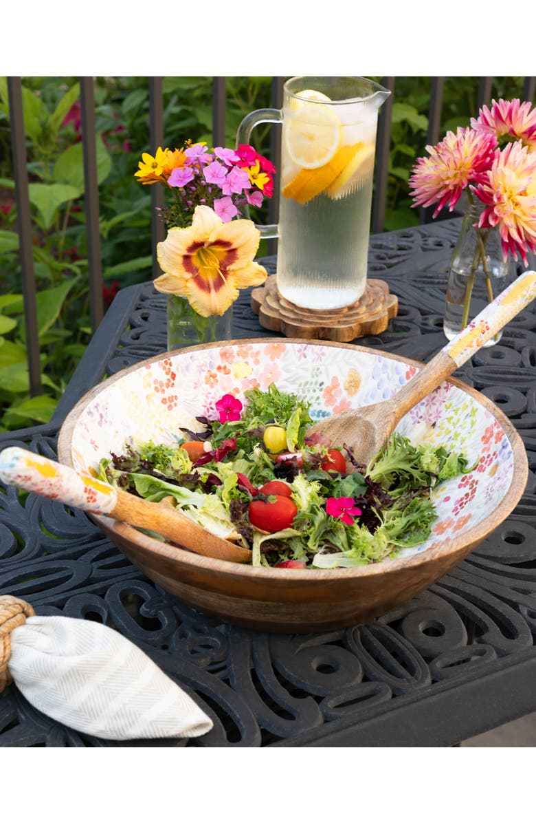 Jeanne Fitz Large Floral Gold Foil Bowl and Salad Servers Set, Alternate, color, Multi And Brown