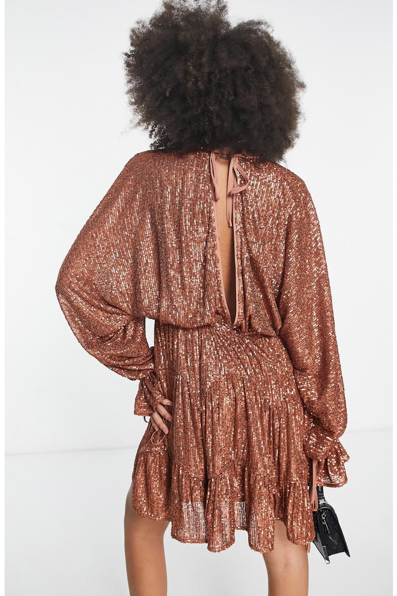 Sequin Long Sleeve Babydoll Minidress, Alternate, color, GOLD
